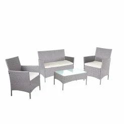 MCW 2-1-1 Poly-Rattan Garten-Garnitur Hamar, Sitzgruppe Lounge-Set Sofa ~ Grau, Kissen Creme