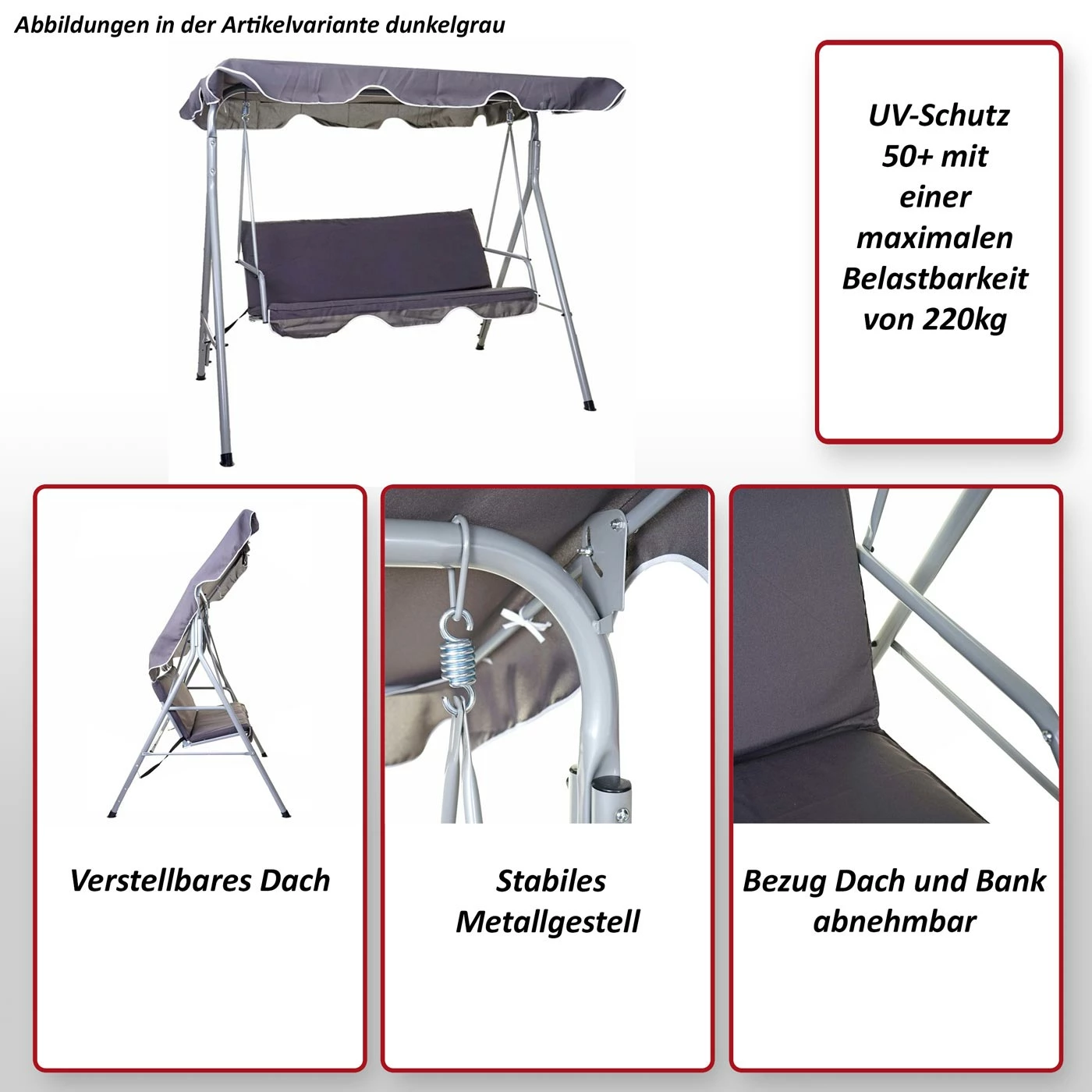 Hollywoodschaukel MCW-D61, Gartenschaukel Hängeschaukel Bank, 3-Sitzer UV 50+ Verstellbares Dach 197x185cm ~ Bordeaux 2 Hollywoodschaukel MCW-D61, Gartenschaukel Hängeschaukel Bank, 3-Sitzer UV 50+ Verstellbares Dach 197x185cm ~ Bordeaux – Bild 2