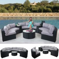MCW Luxus Poly-Rattan-Garnitur Lier, Sitzgruppe Lounge-Set, XXL Sofa Rund, Anthrazit Kissen Grau