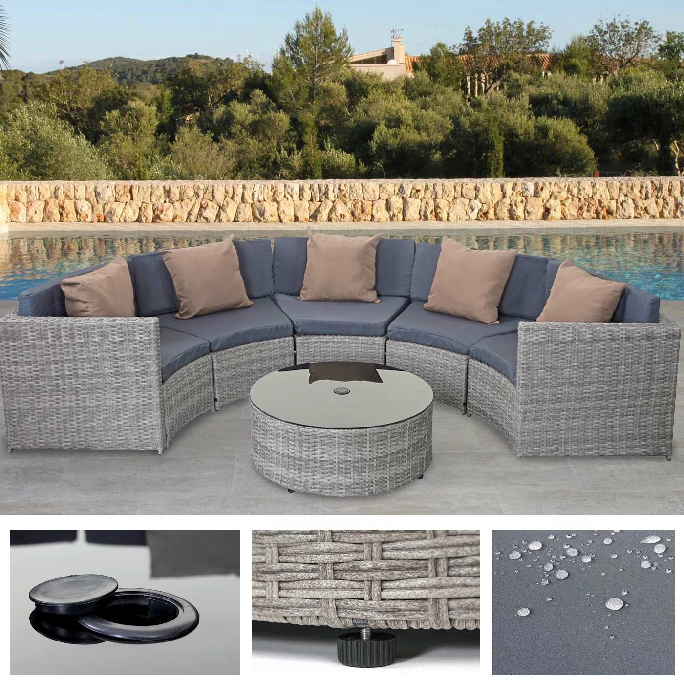 Poly-Rattan Garnitur Rund MCW-E17, Garten-Set Sitzgruppe ~ Grau, Polster Dunkelgrau, Kissen Beige 1 Poly-Rattan Garnitur Rund MCW-E17, Garten-Set Sitzgruppe ~ Grau, Polster Dunkelgrau, Kissen Beige