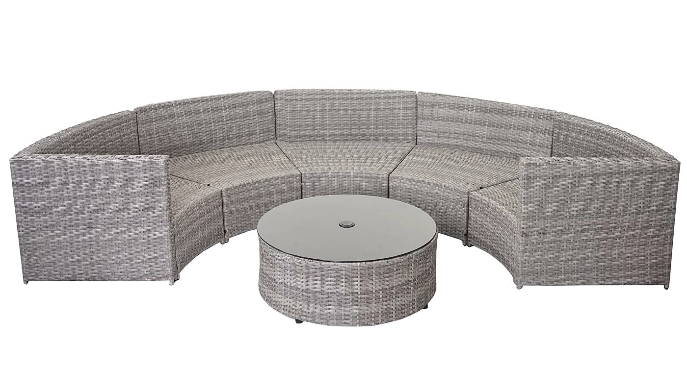 Poly-Rattan Garnitur Rund MCW-E17, Garten-Set Sitzgruppe ~ Grau, Polster Dunkelgrau, Kissen Beige 2 Poly-Rattan Garnitur Rund MCW-E17, Garten-Set Sitzgruppe ~ Grau, Polster Dunkelgrau, Kissen Beige – Bild 2