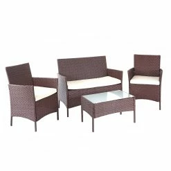 Poly-Rattan Garten-Garnitur MCW-D82, Sitzgruppe Lounge-Set ~ Braun-meliert Mit Kissen Creme