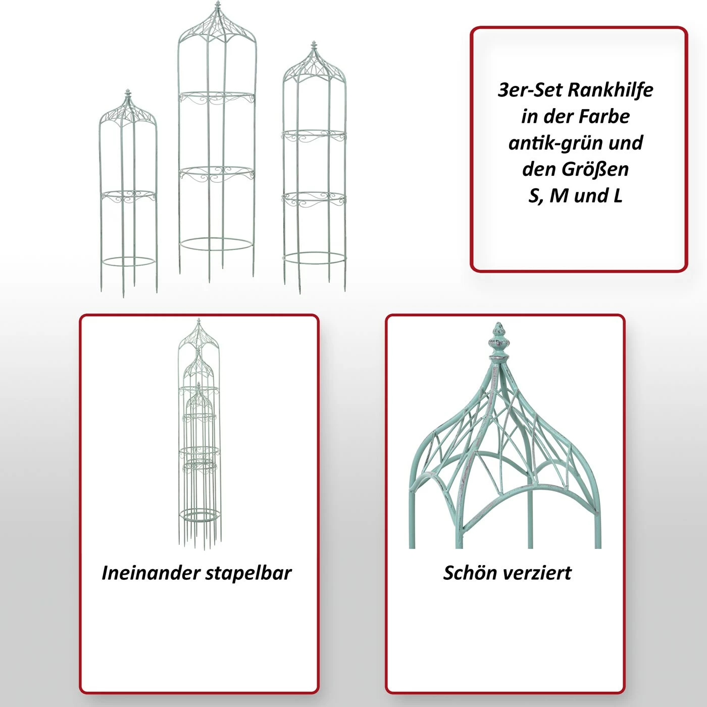 3er Set Rankhilfe MCW-H90, Rankgitter Rosensäule Staudenstütze, Metall Höhe 162/140/114cm Rund Antik-grün 2 3er Set Rankhilfe MCW-H90, Rankgitter Rosensäule Staudenstütze, Metall Höhe 162/140/114cm Rund Antik-grün – Bild 2