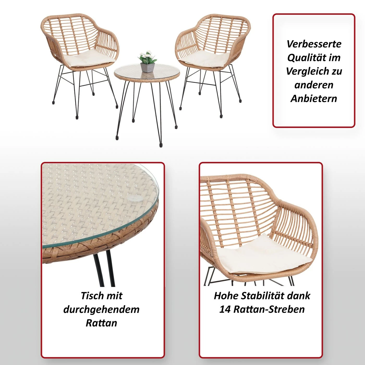 Poly-Rattan Garnitur MCW-G17, Balkon-Set Gartengarnitur Sitzgruppe Stuhl, Seil ~ Naturfarben, Kissen Anthrazit 2 Poly-Rattan Garnitur MCW-G17, Balkon-Set Gartengarnitur Sitzgruppe Stuhl, Seil ~ Naturfarben, Kissen Anthrazit – Bild 2