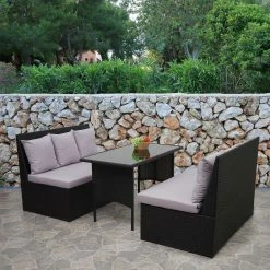Poly-Rattan Garnitur MCW-G16, Garten-/Lounge-Set Sitzgruppe, Gastronomie 2x2er Sofa Tisch ~ Schwarz, Kissen Hellgrau -Zipper Geschäft 2165610000 prod 002