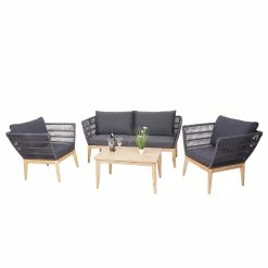 Gartengarnitur MCW-H55, Lounge-Set Sofa Sitzgruppe, Seilgeflecht Massivholz Akazie Spun Poly FSC~ Kissen Dunkelgrau
