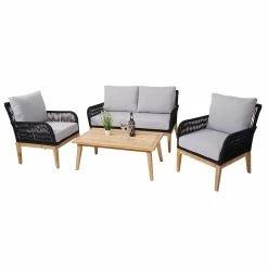 Gartengarnitur MCW-H58, Lounge-Set Sofa Sitzgruppe, Seilgeflecht Massivholz Akazie Spun Poly FSC~ Kissen Hellgrau