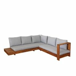Gartengarnitur MCW-H59, Lounge-Set Sofa Sitzgruppe, Massiv-Holz Akazie Spun Poly FSC-zertifiziert ~ Kissen Hellgrau