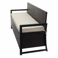 Poly-Rattan 3er Sitzbank MCW-F39, Gartenbank Truhenbank, Staufach Aufbewahrung Sitzkissen ~ Braun, Kissen Creme -Zipper Geschäft 2210246002 prod 004