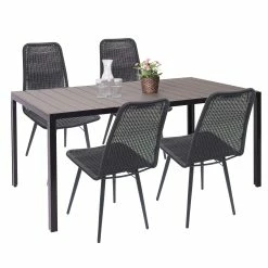 Gartengarnitur MCW-F90, Sitzgruppe Balkon-/Lounge-Set, WPC-Tischplatte 4xPoly-Rattan Stuhl+Tisch 160x90cm ~ Grau