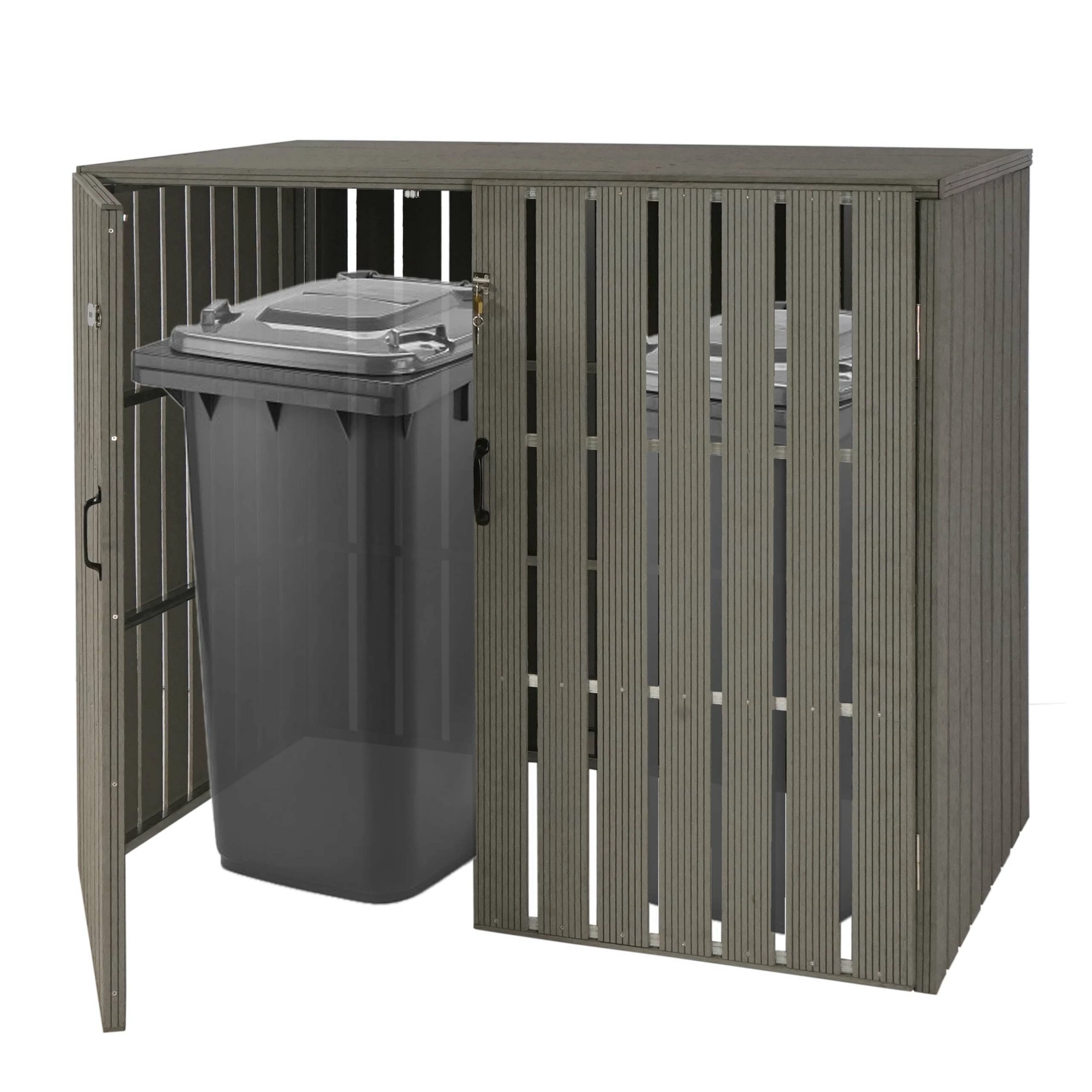 2er WPC-Mülltonnenverkleidung MCW-J28, Mülltonnenbox, Metall Holzoptik, Erweiterbar 2x240l ~ Grau 1 2er WPC-Mülltonnenverkleidung MCW-J28, Mülltonnenbox, Metall Holzoptik, Erweiterbar 2x240l ~ Grau