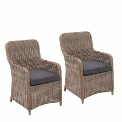 2er-Set Poly-Rattan Stuhl MCW-E98, Rattanstuhl Gartenstuhl Korbsessel, Spun Poly Halbrundes Rattan Beige Kissen Grau