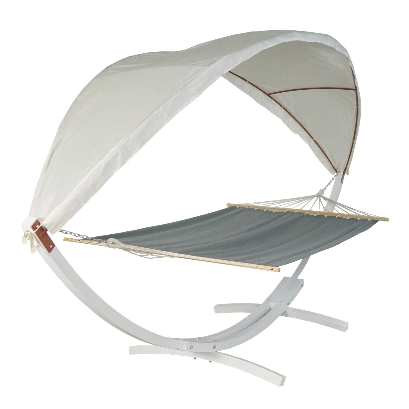 Hängematte MCW-J47, Hängeschaukel Bis 200kg Sonnendach FSC-Holzgestell 420cm 2 Personen ~ Weiß, Grau 3 Hängematte MCW-J47, Hängeschaukel Bis 200kg Sonnendach FSC-Holzgestell 420cm 2 Personen ~ Weiß, Grau – Bild 3