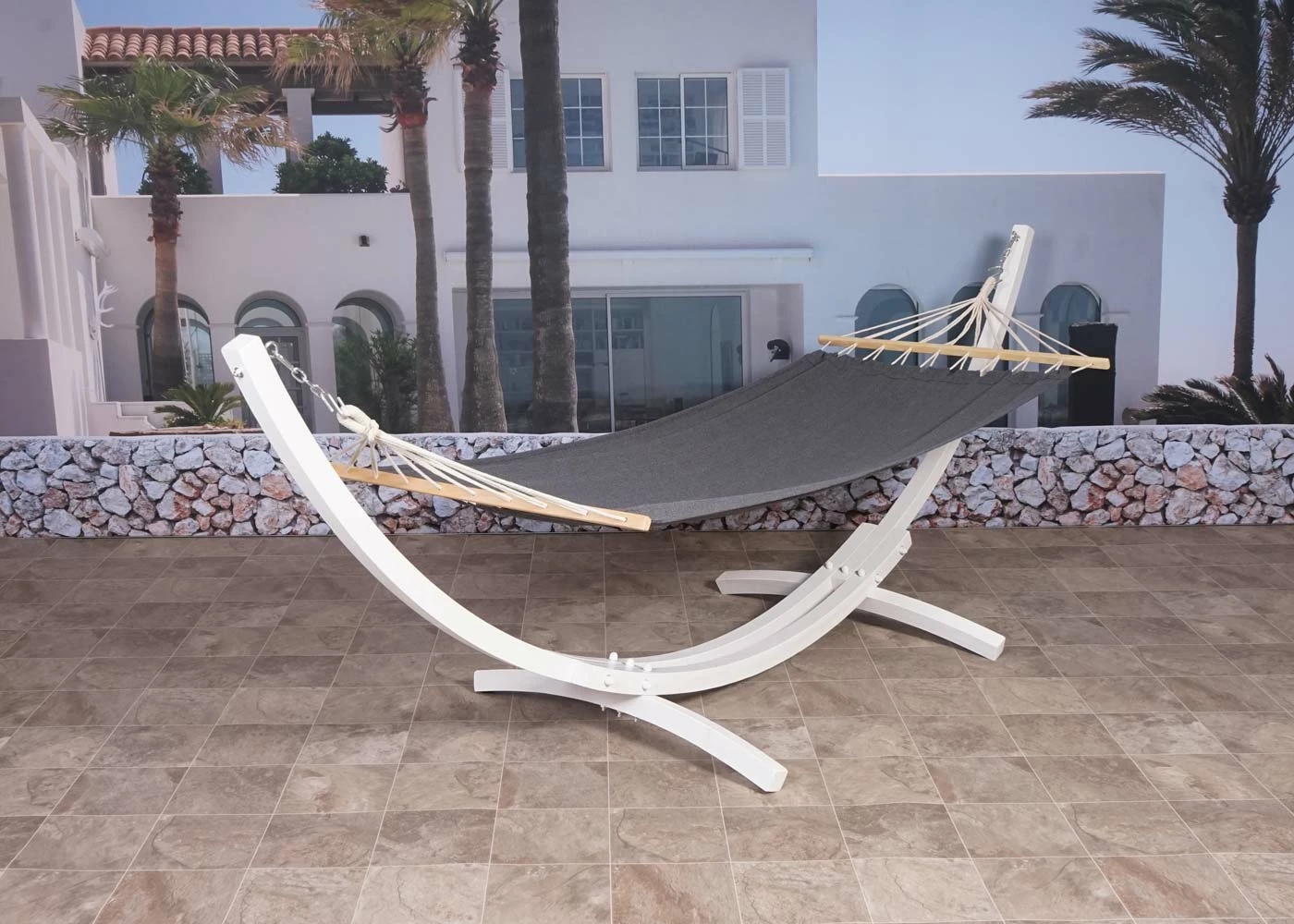 Hängematte Mit Gestell MCW-J46, Hängeschaukel, Bis 200kg Holzgestell FSC-zertifiziert 320cm ~ Weiß, Matte Grau 2 Hängematte Mit Gestell MCW-J46, Hängeschaukel, Bis 200kg Holzgestell FSC-zertifiziert 320cm ~ Weiß, Matte Grau – Bild 2