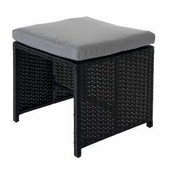 Poly-Rattan Hocker MCW-K35, Gartenhocker, Sitzhocker ~ Schwarz, Kissen Hellgrau