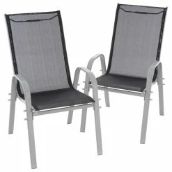 VCM 2er Set Stapelstuhl Rahmen Hellgrau Textilene Schwarz Gartenstuhl Stapelsessel