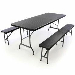 VCM Gartengarnitur 1 Tisch 2 Bänke Klappbar Rattan-Optik Bierzeltgarnitur Set 180 Cm