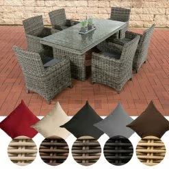 CLP Polyrattan Sitzgruppe Fontana Mit Polsterauflagen | Garten-Set: 1 Esstisch Mit Glasplatte Und 6 Stühle
