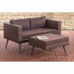 CLP Polyrattan 2er Sofa MOLDE Mit Fußhocker I Braun-meliert I Loungeset I Gartensofa Mit Hocker I Gartengarnitur