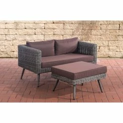 CLP Polyrattan 2er Sofa MOLDE Mit Fußhocker I Grau-meliert I Loungeset Rundrattan I Gartensofa Mit Hocker I 5mm Rattandicke