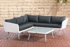 CLP Polyrattan Eck-Loungeset SKARA I Weiß I Gartenlounge Flachrattan I Eckgarnitur & Glastisch I 1,25mm Rattandicke I 5 Sitzplätze