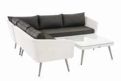 CLP Polyrattan Eck-Loungeset SKARA I Weiß I Gartenlounge Flachrattan I Eckgarnitur & Glastisch I 1,25mm Rattandicke I 5 Sitzplätze -Zipper Geschäft 8600246500 304216 prod 003