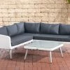 CLP Polyrattan Eck-Loungeset SKARA I Weiß I Gartenlounge Flachrattan I Eckgarnitur & Glastisch I 1,25mm Rattandicke I 5 Sitzplätze