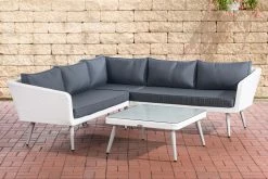 CLP Polyrattan Eck-Loungeset SKARA I Weiß I Gartenlounge Flachrattan I Eckgarnitur & Glastisch I 1,25mm Rattandicke I 5 Sitzplätze