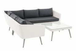 CLP Polyrattan Eck-Loungeset SKARA I Weiß I Gartenlounge Flachrattan I Eckgarnitur & Glastisch I 1,25mm Rattandicke I 5 Sitzplätze -Zipper Geschäft 8600246500 304218 prod 003