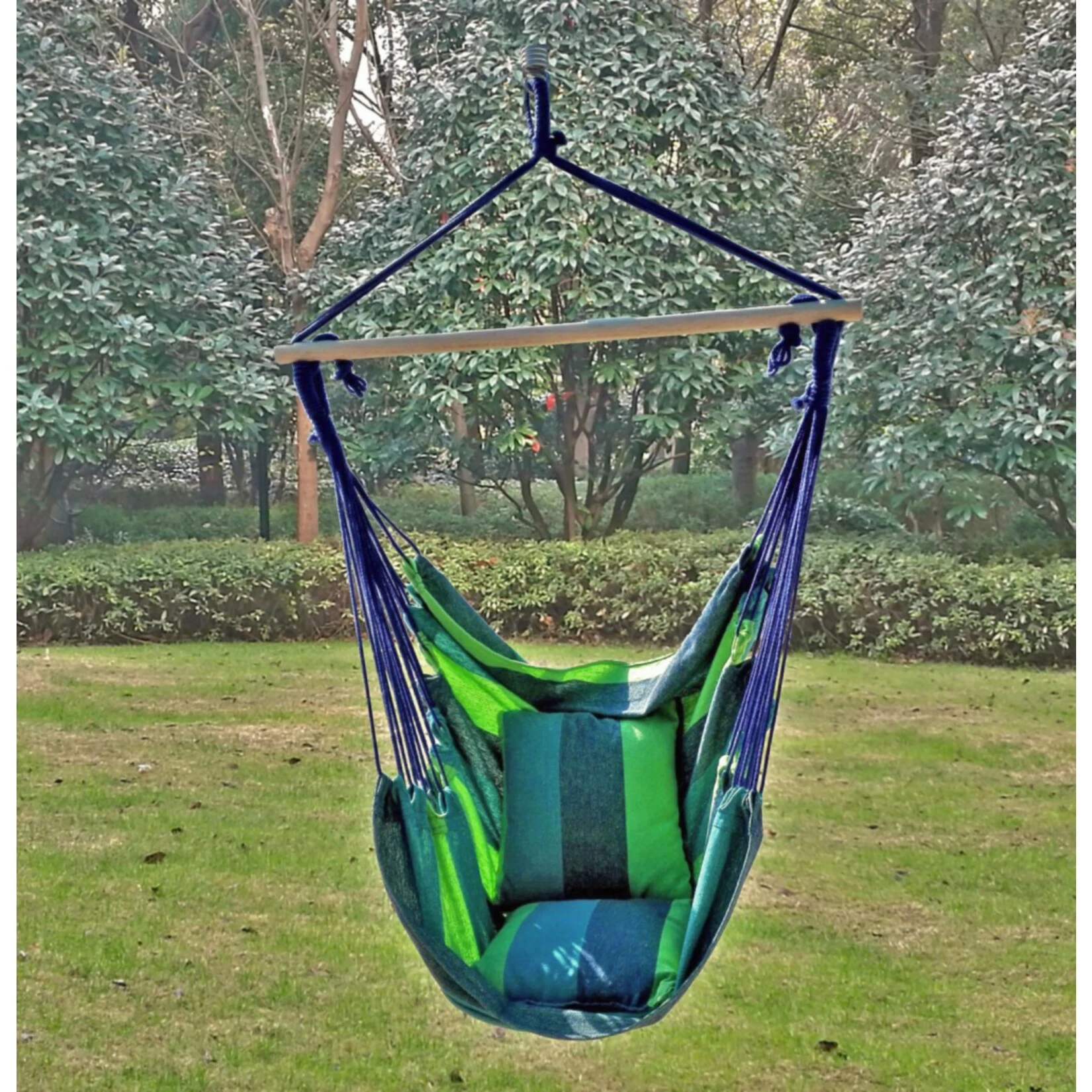 Garden Pleasure Hängesessel TOBAGO Hängestuhl Hängematte Hängesitz Schaukel 2 Kissen Blau/grün 3 Garden Pleasure Hängesessel TOBAGO Hängestuhl Hängematte Hängesitz Schaukel 2 Kissen Blau/grün – Bild 3