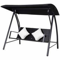 Outsunny Hollywoodschaukel Mit Kissen Schwarz 198 X 124 X 179 Cm (LxBxH) | Gartenschaukel Polyrattan Schaukel Schaukelbank