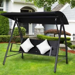 Outsunny Hollywoodschaukel Mit Kissen Schwarz 198 X 124 X 179 Cm (LxBxH) | Gartenschaukel Polyrattan Schaukel Schaukelbank -Zipper Geschäft 8600336600 01 0837 prod 003