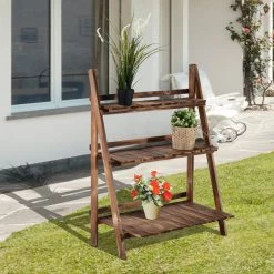 Outsunny Pflanzentreppe Klappbar Natur 80 X 37 X 93 Cm (LxBxH) | Blumenregal Blumenbank Blumentreppe Blumenständer -Zipper Geschäft 8600336600 845 112n prod 003