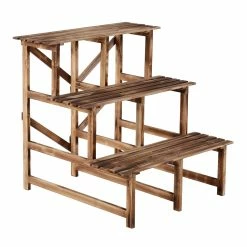 Outsunny Pflanzentreppe Mit 3 Stufen Natur 80 X 80 X 80 Cm (LxBxH) | Blumenregal Blumenbank Blumentreppe Blumenständer