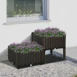 Outsunny 2-teiliges Hochbeet In Rattan-Optik Dunkelbraun | Kräuterbeet Pflanzkasten Blumenkasten Gartenbeet -Zipper Geschäft 8600336600 845 290V01 prod 003