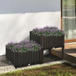 Outsunny 2-teiliges Hochbeet In Rattan-Optik Dunkelbraun | Kräuterbeet Pflanzkasten Blumenkasten Gartenbeet -Zipper Geschäft 8600336600 845 290V01 prod 004
