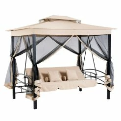HOMCOM Hollywoodschaukel 3-Sitzer Mit Seitenwänden Und Liegefunktion 256 X 172 X 248 Cm (LxBxH) | Schaukelbank Gartenschaukel Mit Pavillon 3-Sitzer