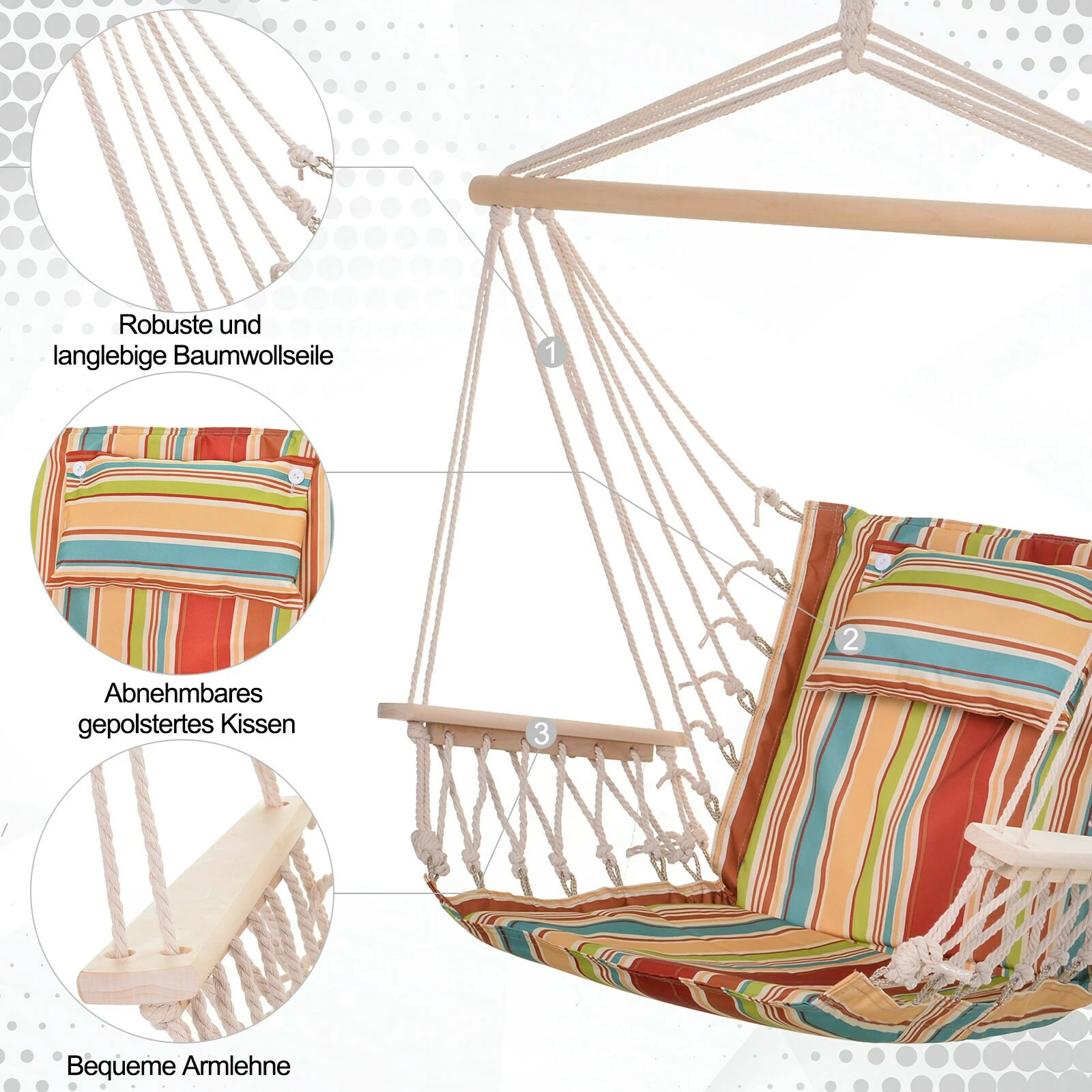 Outsunny Hängesessel Mit Kopfkissen Mehrfarbig 100 X 106 Cm (LxH) | Hängestuhl Hängematte Hängesitz Schaukelstuhl 6 Outsunny Hängesessel Mit Kopfkissen Mehrfarbig 100 X 106 Cm (LxH) | Hängestuhl Hängematte Hängesitz Schaukelstuhl – Bild 6