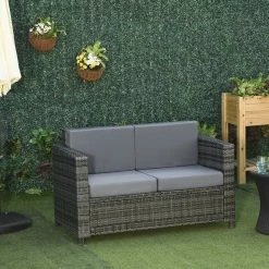 Outsunny 2 - Sitzer Rattansofa Mit Kissen Grau 130 X 70 X 80 Cm (BxTxH) | Rattan Gartenmöbel 2-Sitzer Loungesofa -Zipper Geschäft 8600336600 860 031V01 prod 004
