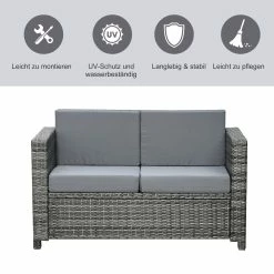 Outsunny 2 - Sitzer Rattansofa Mit Kissen Grau 130 X 70 X 80 Cm (BxTxH) | Rattan Gartenmöbel 2-Sitzer Loungesofa -Zipper Geschäft 8600336600 860 031V01 prod 006