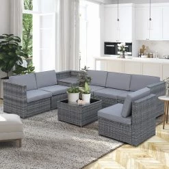 Outsunny Polyrattan Gartengarnitur Als 8-teiliges Set Grau | Sitzgruppe Loungeset Loungemöbel Mit Beistelltisch -Zipper Geschäft 8600336600 860 072GY prod 004