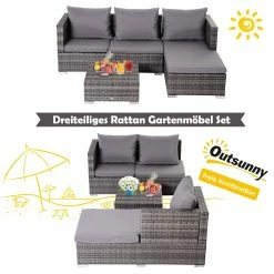 Outsunny Rattan Sitzgruppe Als 3-teiliges Set Grau | Gartensofa Beistelltisch Mit Stauraum Gartenmöbel -Zipper Geschäft 8600336600 860 091GY prod 006