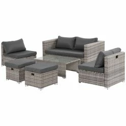 Outsunny Rattan Gartensitzgruppe Als 6-teiliges Set | Gartengarnitur Sitzgruppe Rattanset Polyrattanmöbel