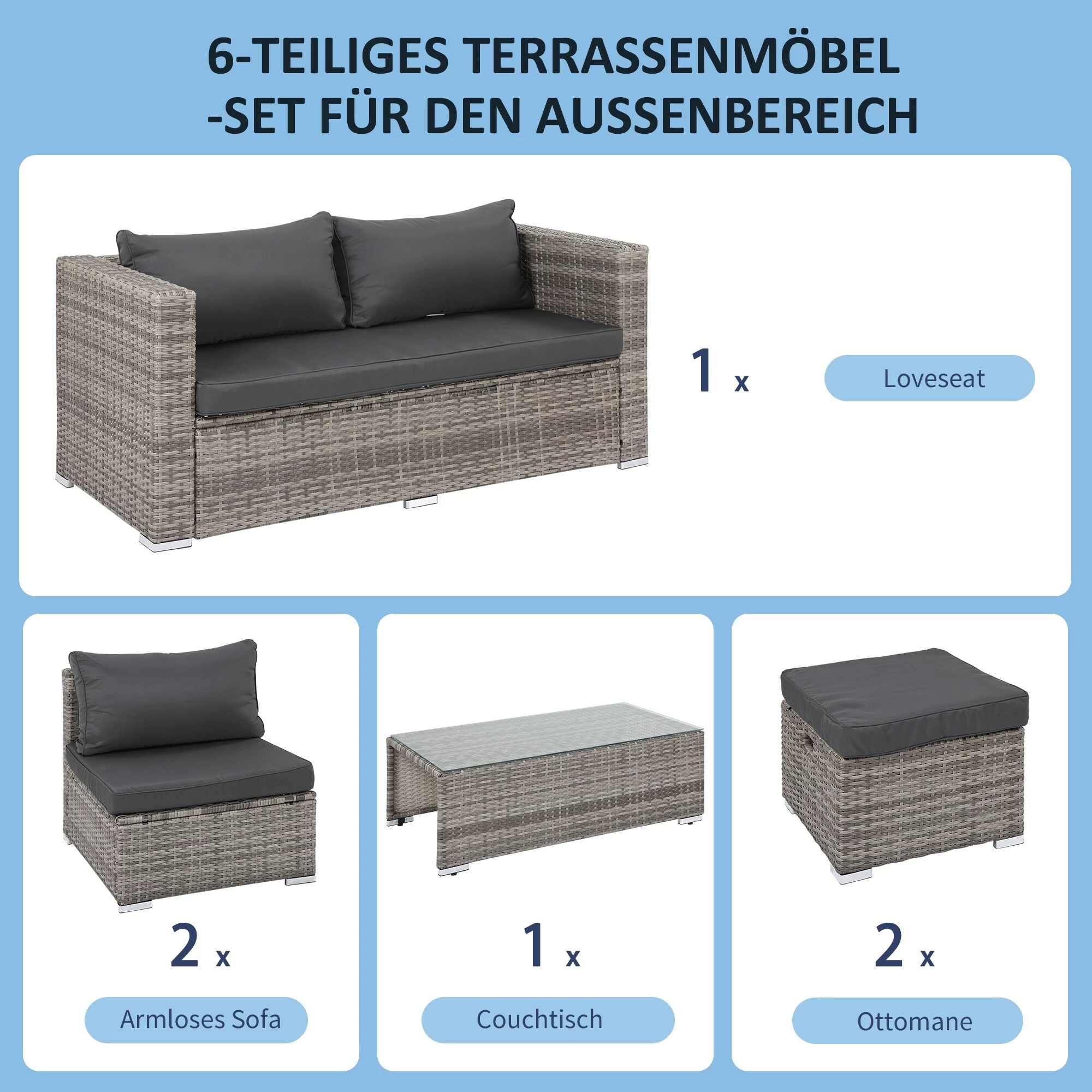 Outsunny Rattan Gartensitzgruppe Als 6-teiliges Set | Gartengarnitur Sitzgruppe Rattanset Polyrattanmöbel 5 Outsunny Rattan Gartensitzgruppe Als 6-teiliges Set | Gartengarnitur Sitzgruppe Rattanset Polyrattanmöbel – Bild 5