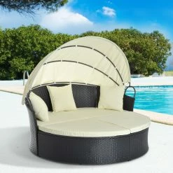 Outsunny Rattan-Sonneninsel Inklusive Faltbarem Dach 171 X 180 X 78/155 Cm (LxBxH Ohne/mit Dach) | Sonnenliege Gartenliege Loungemöbel Garnitur -Zipper Geschäft 8600336600 862 003n prod 003
