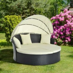 Outsunny Rattan-Sonneninsel Inklusive Faltbarem Dach 171 X 180 X 78/155 Cm (LxBxH Ohne/mit Dach) | Sonnenliege Gartenliege Loungemöbel Garnitur -Zipper Geschäft 8600336600 862 003n prod 004