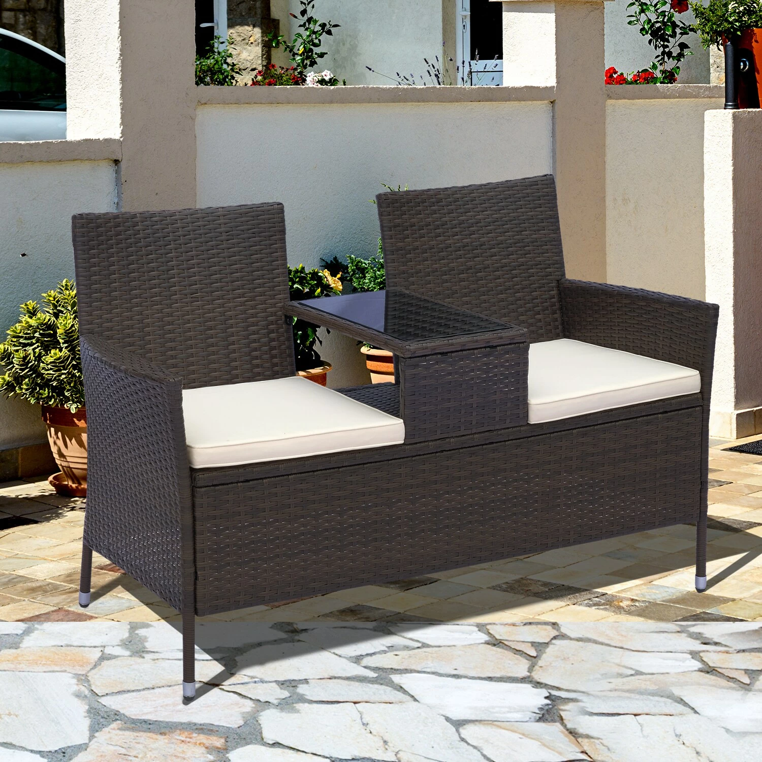 Outsunny Polyrattan Gartenbank 133 X 63 X 84 Cm (LxBxH) | Gartensofa Sitzbank Mit Tisch 2-Sitzer Rattanmöbel 3 Outsunny Polyrattan Gartenbank 133 X 63 X 84 Cm (LxBxH) | Gartensofa Sitzbank Mit Tisch 2-Sitzer Rattanmöbel – Bild 3