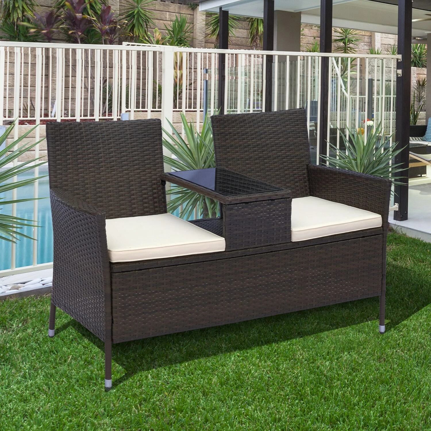 Outsunny Polyrattan Gartenbank 133 X 63 X 84 Cm (LxBxH) | Gartensofa Sitzbank Mit Tisch 2-Sitzer Rattanmöbel 4 Outsunny Polyrattan Gartenbank 133 X 63 X 84 Cm (LxBxH) | Gartensofa Sitzbank Mit Tisch 2-Sitzer Rattanmöbel – Bild 4