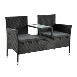 Juskys Polyrattan Gartenbank Monaco Schwarz - 2-Sitzer Bank Mit Tisch & Kissen - 133×63×84 Cm