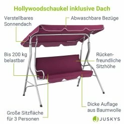 Juskys Hollywoodschaukel 3-Sitzer Mit Dach & Sitzauflage – Gartenschaukel 200 Kg Belastbar - Rot -Zipper Geschäft 8600348200 57707736 prod 003
